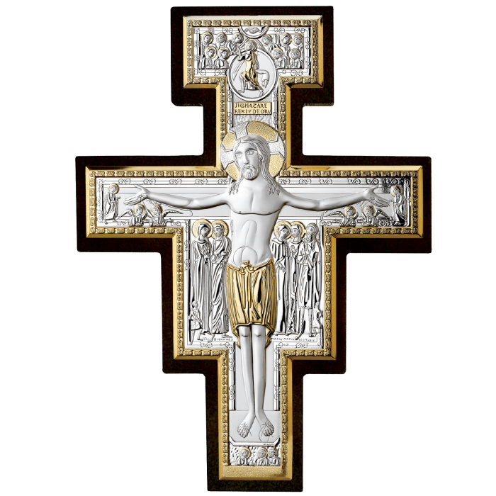 十字架-圣达弥盎-银金色-木背板-10x14cm Catholic religious art