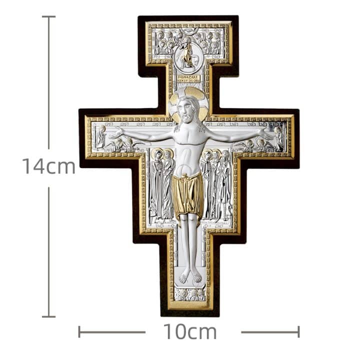 十字架-圣达弥盎-银金色-木背板-10x14cm Catholic religious art