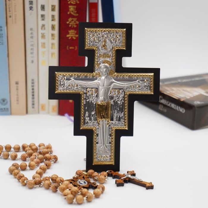 十字架-圣达弥盎-银金色-木背板-10x14cm Catholic religious art
