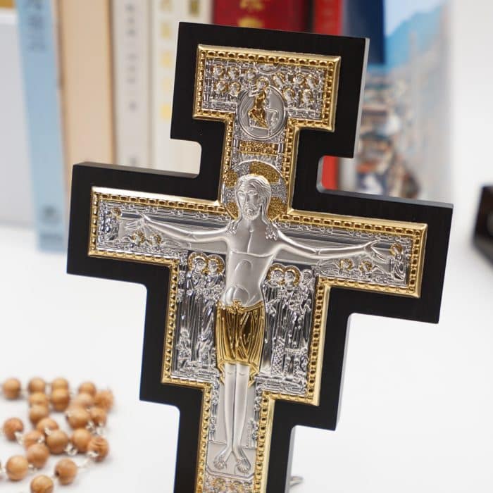 十字架-圣达弥盎-银金色-木背板-10x14cm Catholic religious art