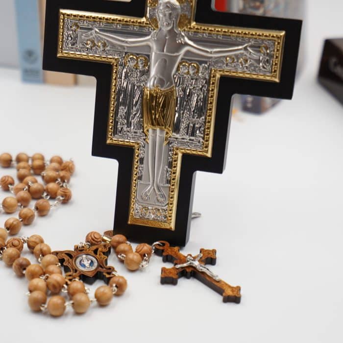 十字架-圣达弥盎-银金色-木背板-10x14cm Catholic religious art