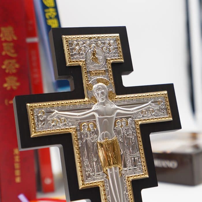 十字架-圣达弥盎-银金色-木背板-10x14cm Catholic religious art