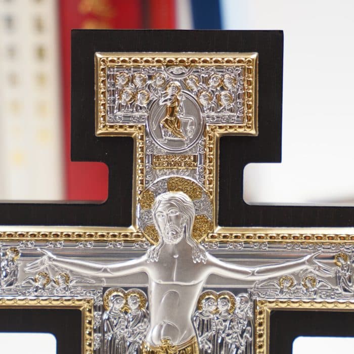 十字架-圣达弥盎-银金色-木背板-10x14cm Catholic religious art