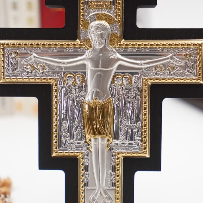 十字架-圣达弥盎-银金色-木背板-10x14cm Catholic religious art