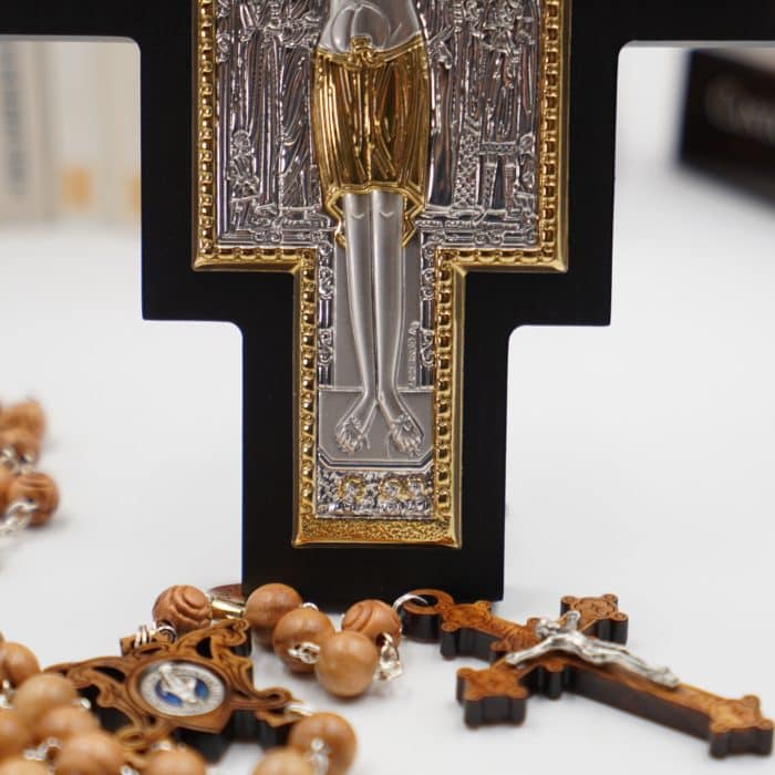 十字架-圣达弥盎-银金色-木背板-10x14cm Catholic religious art