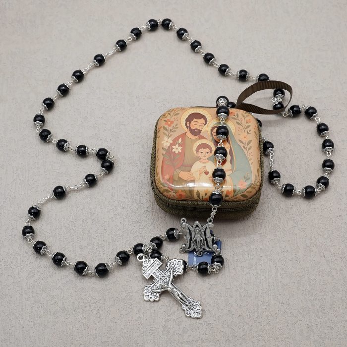 Rosary Beads- Original Design - Black Agate Beads - 8mm (With Holy Family Metal Case) Catholic religious art