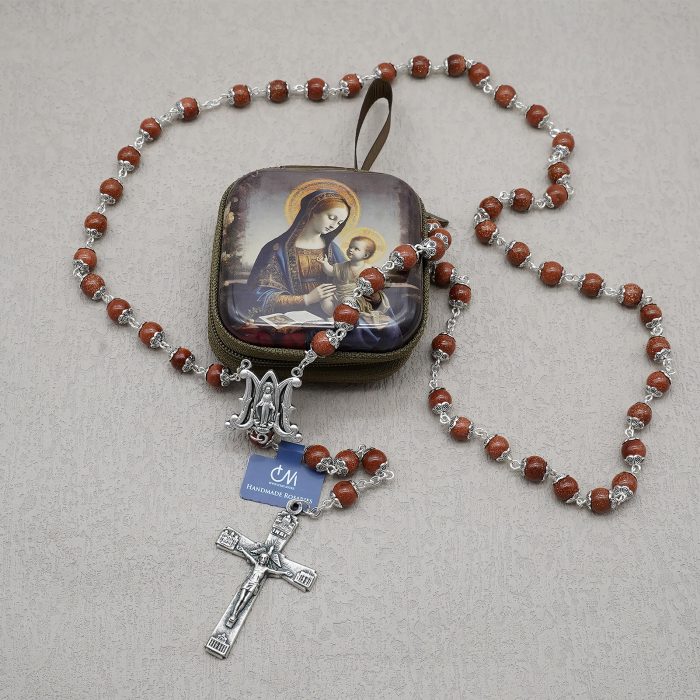 玫瑰念珠-圣母显灵三通-罗马四大殿十字架-金沙石珠-8mm送念珠包 Catholic religious art