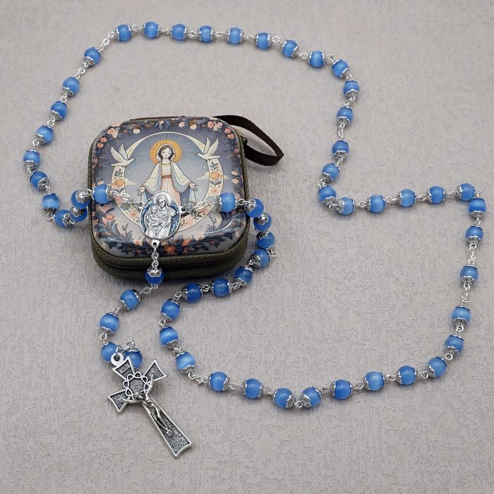 Rosary Beads- Original Design - Cat Eye Beads - 8mm (With Immaculate Conception Metal Case) Catholic religious art