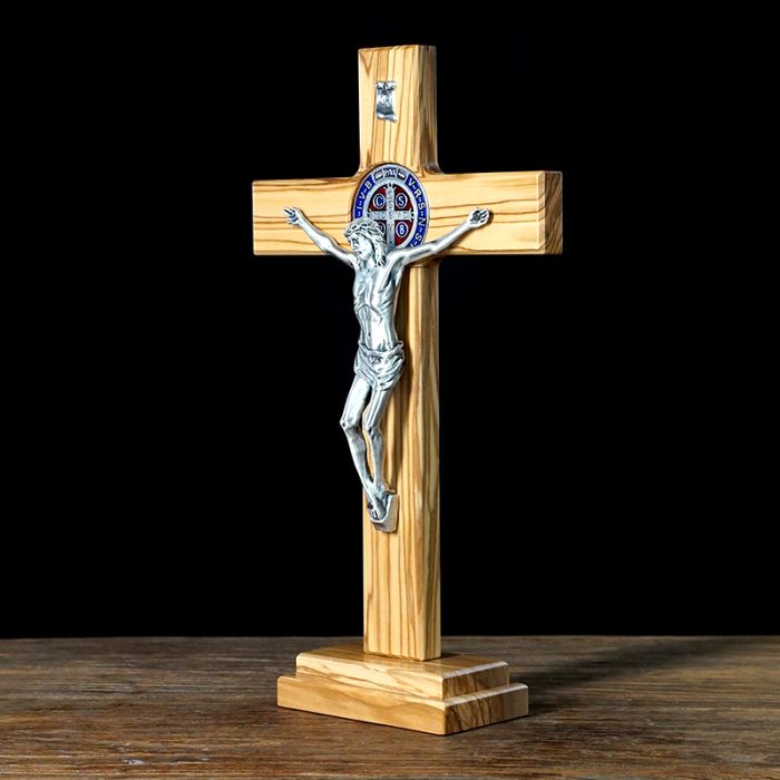 十字架-圣本笃-橄榄木带底座圣尸-33x19cm Catholic religious art