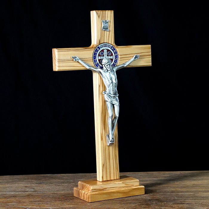 十字架-圣本笃-橄榄木带底座圣尸-33x19cm Catholic religious art