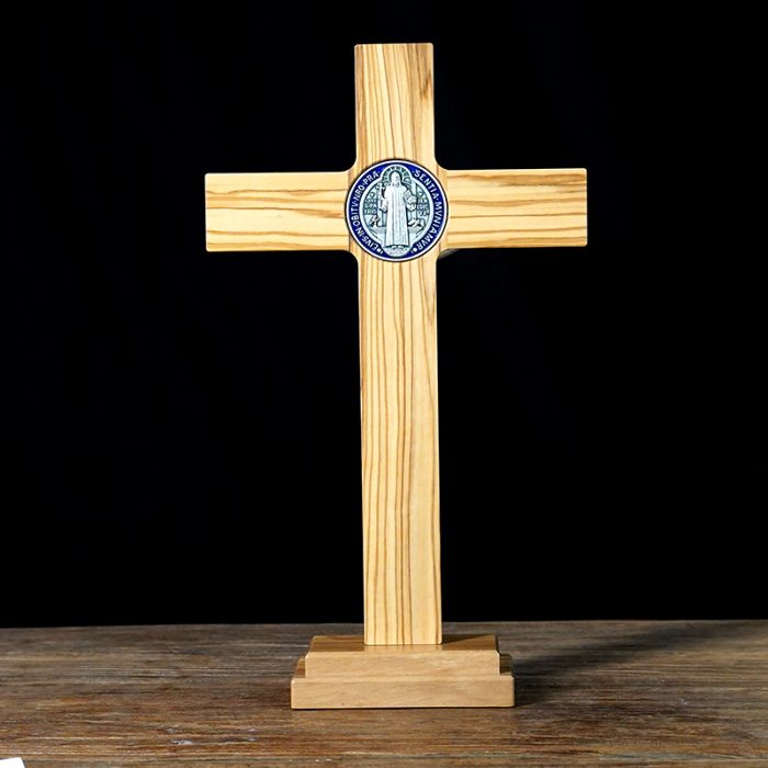 十字架-圣本笃-橄榄木带底座圣尸-33x19cm Catholic religious art