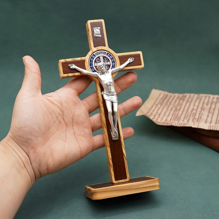 十字架-圣本笃-橄榄木-带底座-20.4x10cm Catholic religious art
