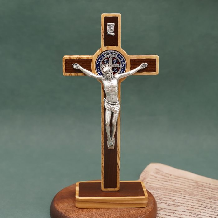 十字架-圣本笃-橄榄木-带底座-20.4x10cm Catholic religious art