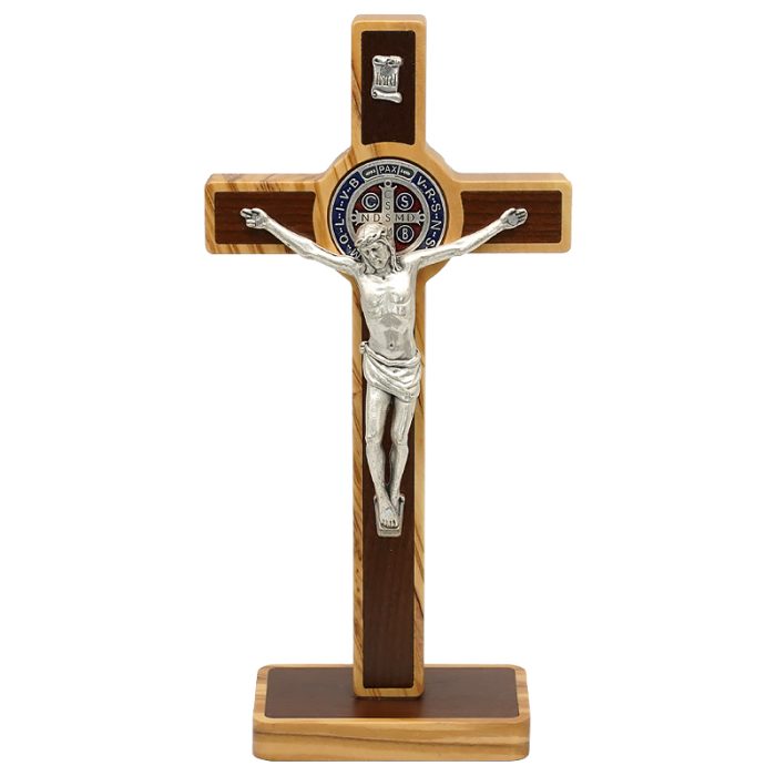 十字架-圣本笃-橄榄木-带底座-20.4x10cm Catholic religious art