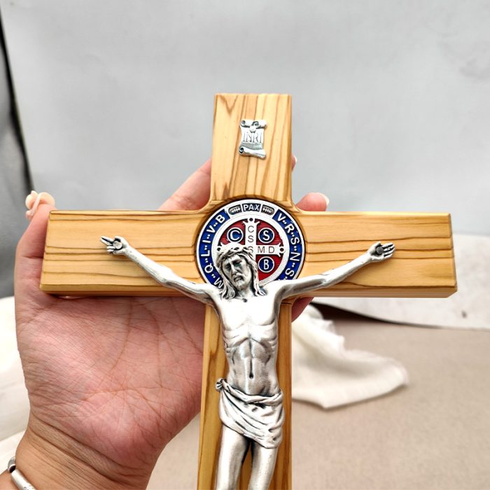 十字架-圣本笃-橄榄木带底座圣尸-33x19cm Catholic religious art