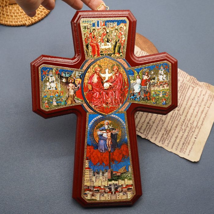 圣三木制十字架-带印刷图案-光滑-25.5x18.5cm Catholic religious art