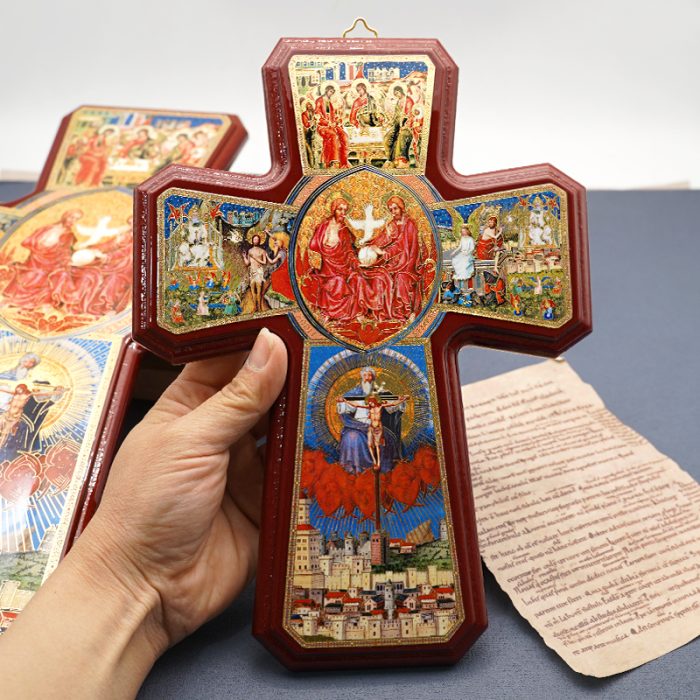 圣三木制十字架-带印刷图案-光滑-25.5x18.5cm Catholic religious art