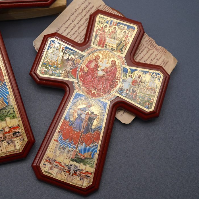 圣三木制十字架-带印刷图案-光滑-25.5x18.5cm Catholic religious art