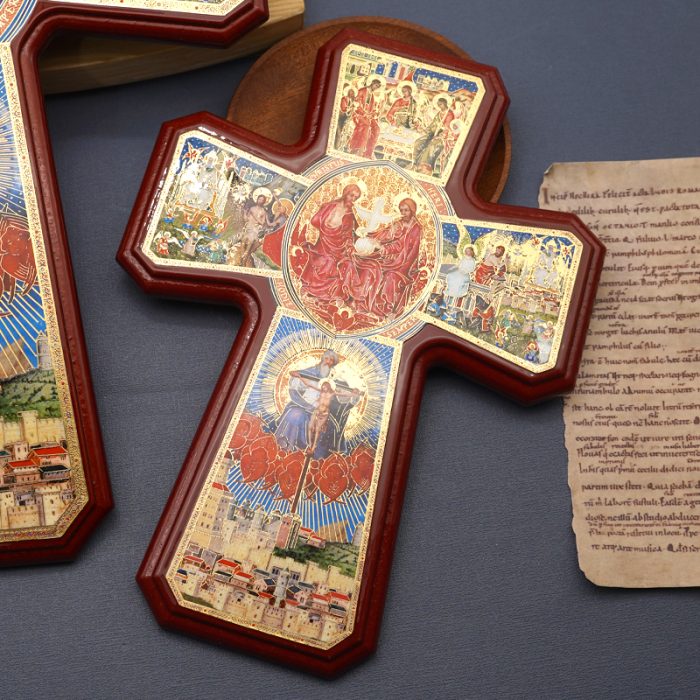 圣三木制十字架-带印刷图案-光滑-25.5x18.5cm Catholic religious art