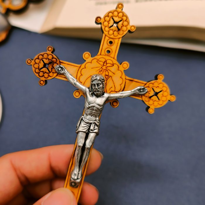 十字架-权杖-橄榄木-带圣尸带底座-13x7cm Catholic religious art