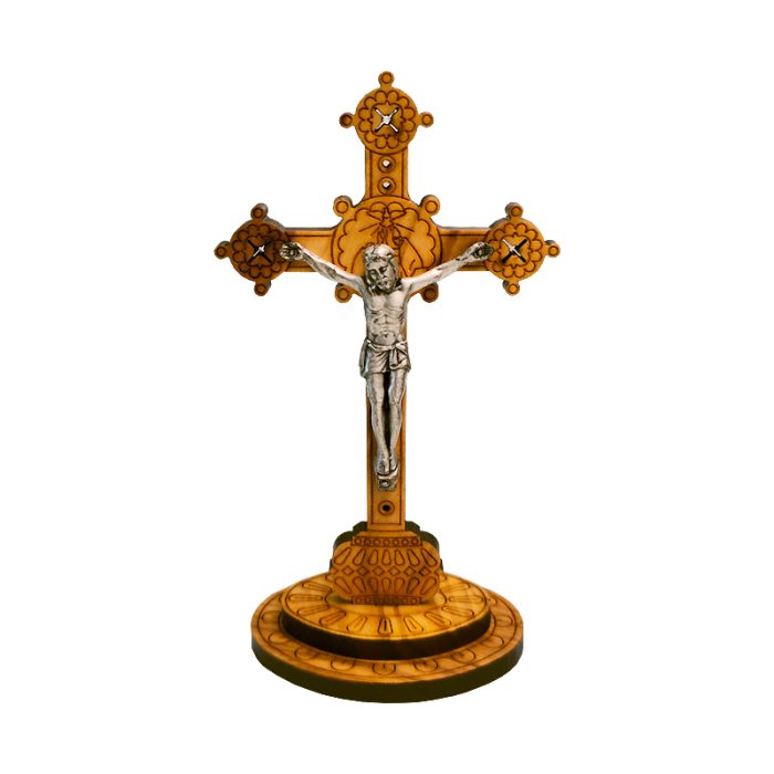 十字架-权杖-橄榄木-带圣尸带底座-13x7cm Catholic religious art