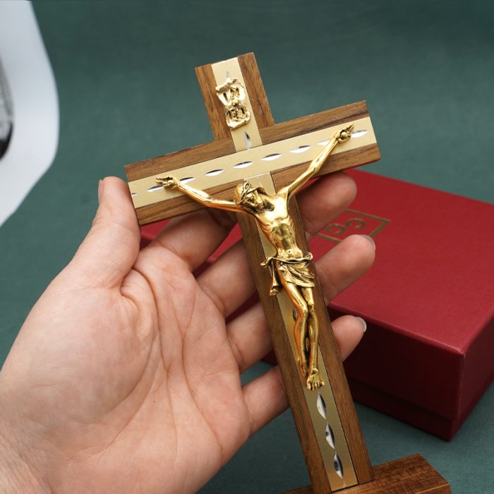 十字架-基督-胡桃木金色圣尸摆台-18x9cm Catholic religious art