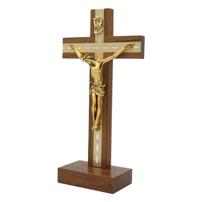 十字架-基督-胡桃木金色圣尸摆台-18x9cm Catholic religious art