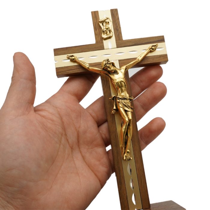 十字架-基督-胡桃木金色圣尸摆台-18x9cm Catholic religious art
