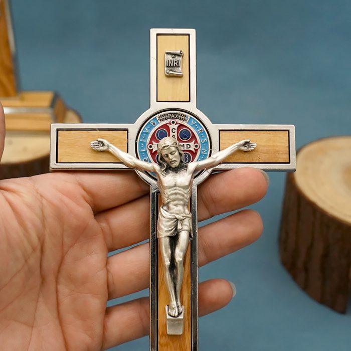 十字架-圣本笃-橄榄木带珐琅-带圣尸-20x9.5cm Catholic religious art