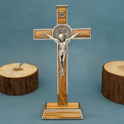 金属十字架-圣本笃-银色圣尸嵌入橄榄木-20x9.5cm
