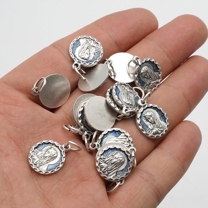 DIY小吊牌-七苦圣母-锌合金-镀银-蓝珐琅-1.4cm Catholic religious art