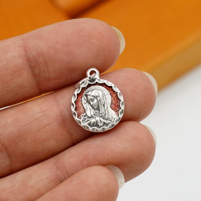 DIY小吊牌-七苦圣母-锌合金-镀银-红珐琅-1.4cm Catholic religious art