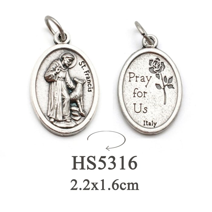 DIY小吊牌-方济各和狼-背面花-锌合金-2.2x1.6cm Catholic religious art