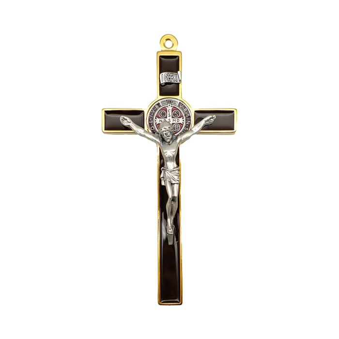 合金圣本笃十字架-金色棕色珐琅-19x10cm Catholic religious art