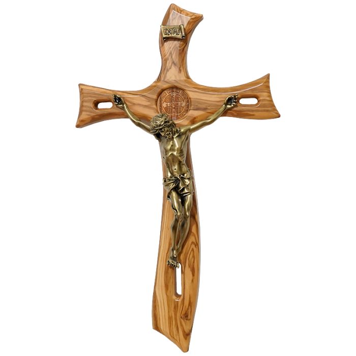 十字架-圣本笃-橄榄木抽象化设计树脂圣尸-48x28cm Catholic religious art