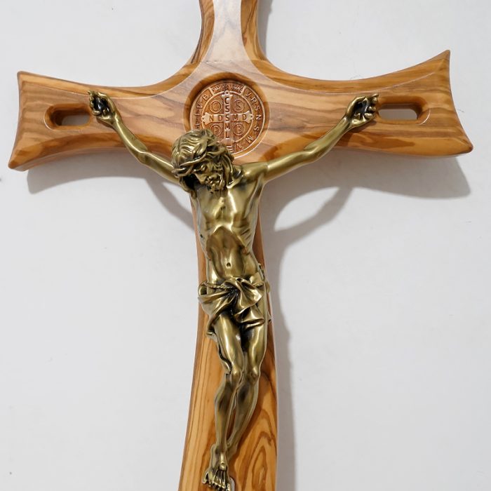 十字架-圣本笃-橄榄木抽象化设计树脂圣尸-48x28cm Catholic religious art