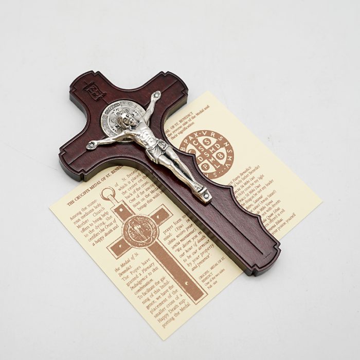 十字架-圣本笃-橄榄木桃花心木染色手形-12x6.7cm Catholic religious art