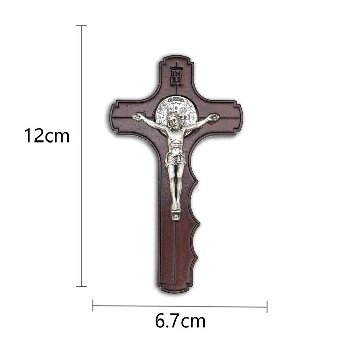 十字架-圣本笃-橄榄木桃花心木染色手形-12x6.7cm Catholic religious art