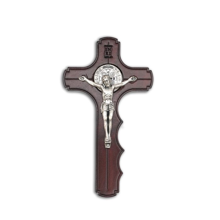 十字架-圣本笃-橄榄木桃花心木染色手形-12x6.7cm Catholic religious art