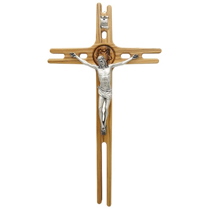 十字架-橄榄木镂空设计带合金镀银圣尸-19x11.5cm Catholic religious art