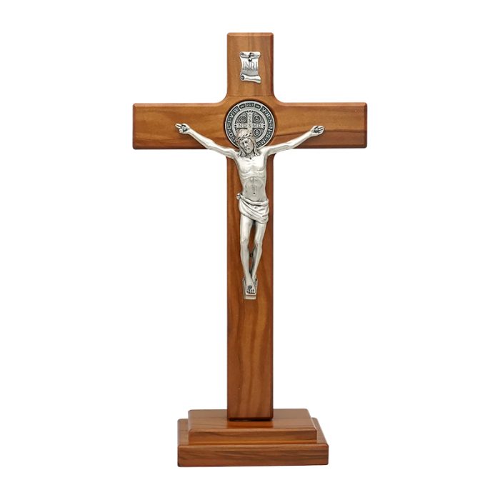 十字架-圣本笃-橄榄木染胡桃木色-带底座-27x15cm Catholic religious art