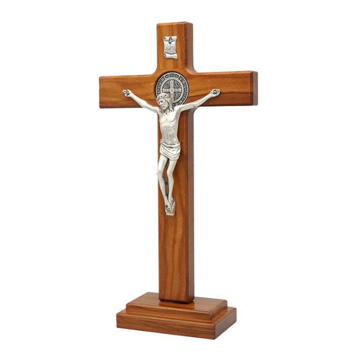 十字架-圣本笃-橄榄木染胡桃木色-带底座-27x15cm Catholic religious art