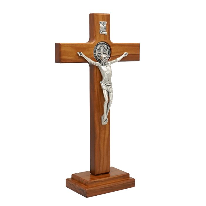 十字架-圣本笃-橄榄木染胡桃木色-带底座-27x15cm Catholic religious art