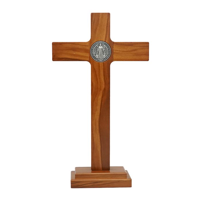 十字架-圣本笃-橄榄木染胡桃木色-带底座-27x15cm Catholic religious art