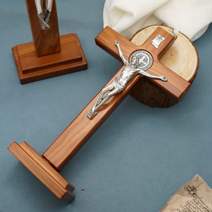 十字架-圣本笃-橄榄木染胡桃木色-带底座-27x15cm Catholic religious art