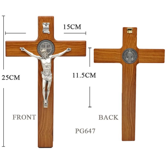 十字架-圣本笃-橄榄木合金圣尸带镀银圣牌-25x15cm Catholic religious art