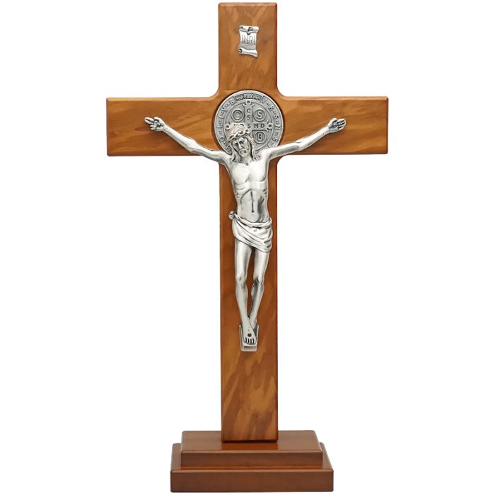 十字架-圣本笃-橄榄木染胡桃木色-带底座-33x19cm Catholic religious art