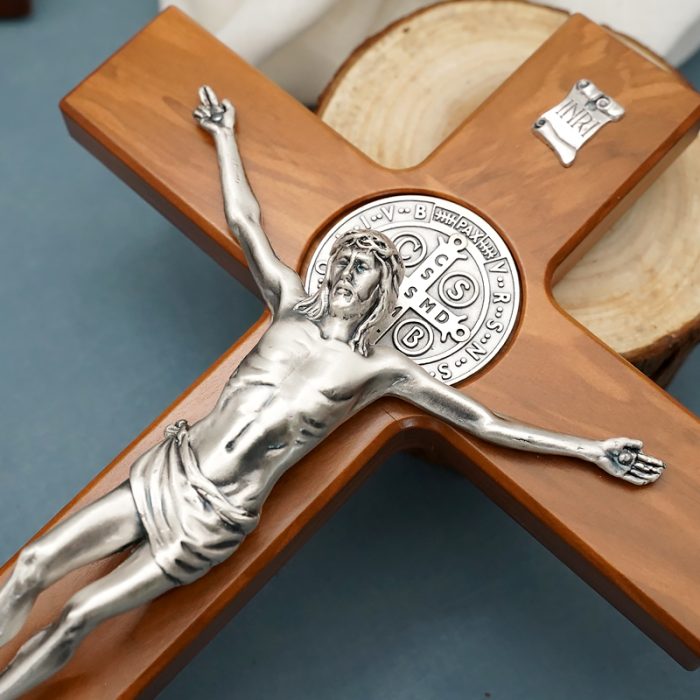 十字架-圣本笃-橄榄木染胡桃木色-带底座-33x19cm Catholic religious art