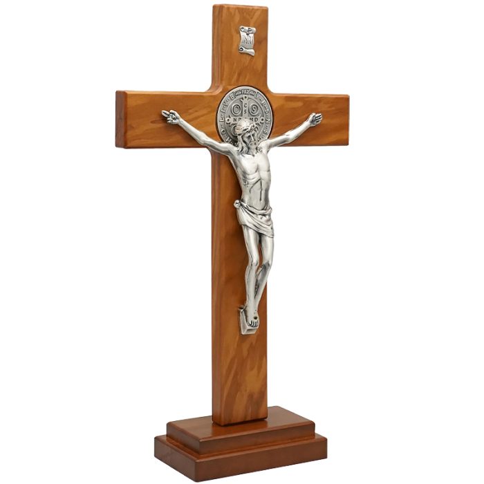 十字架-圣本笃-橄榄木染胡桃木色-带底座-33x19cm Catholic religious art