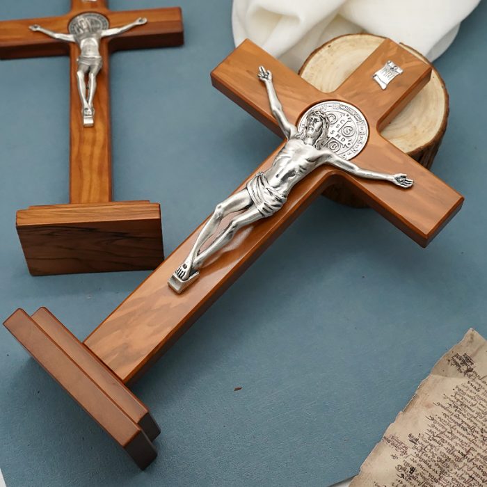 十字架-圣本笃-橄榄木染胡桃木色-带底座-33x19cm Catholic religious art